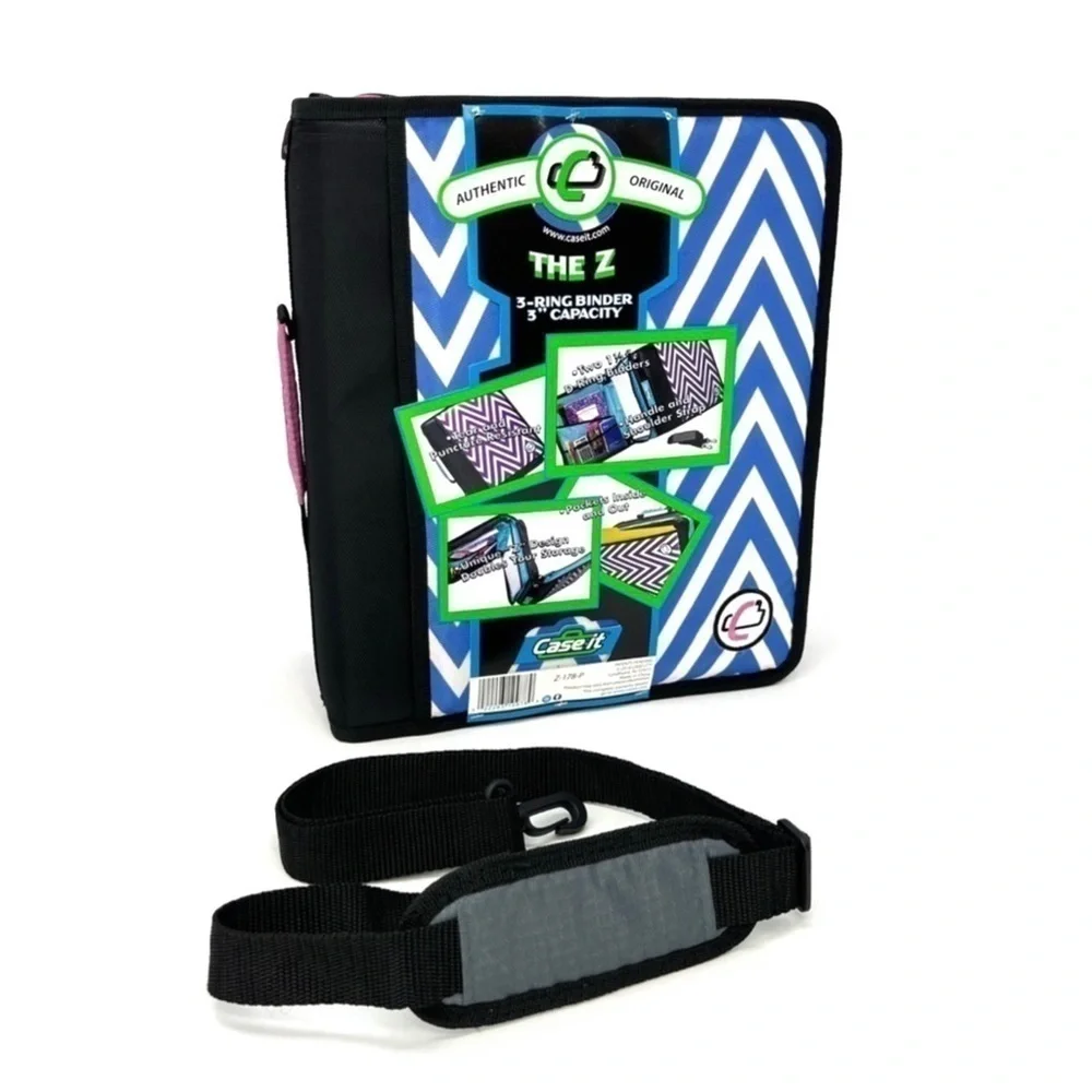 Case-It “The Z” Dual Three Ring Zip Binder Blue & White Chevron Handle Strap NWT